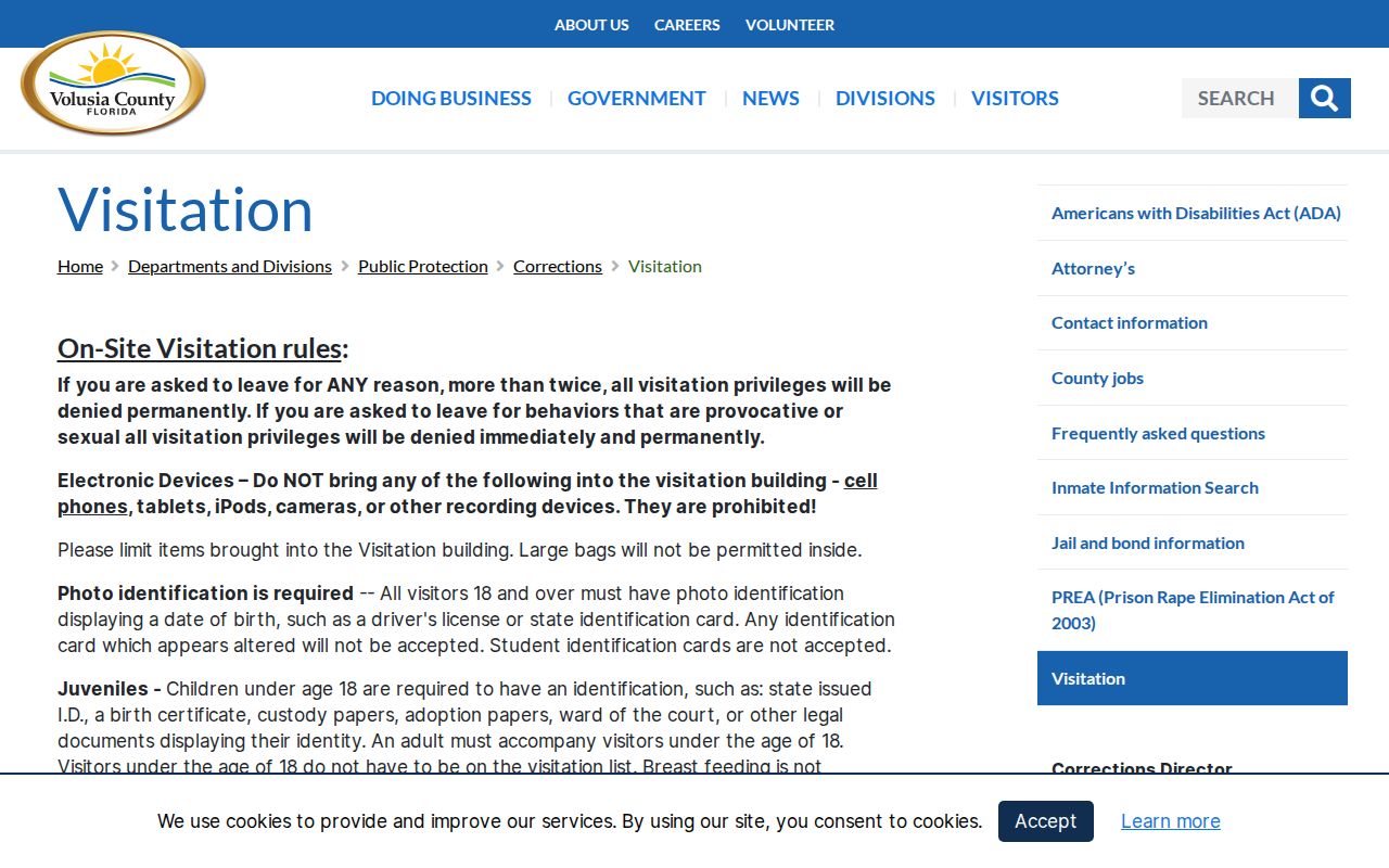 Volusia County Branch Jail visitation information page