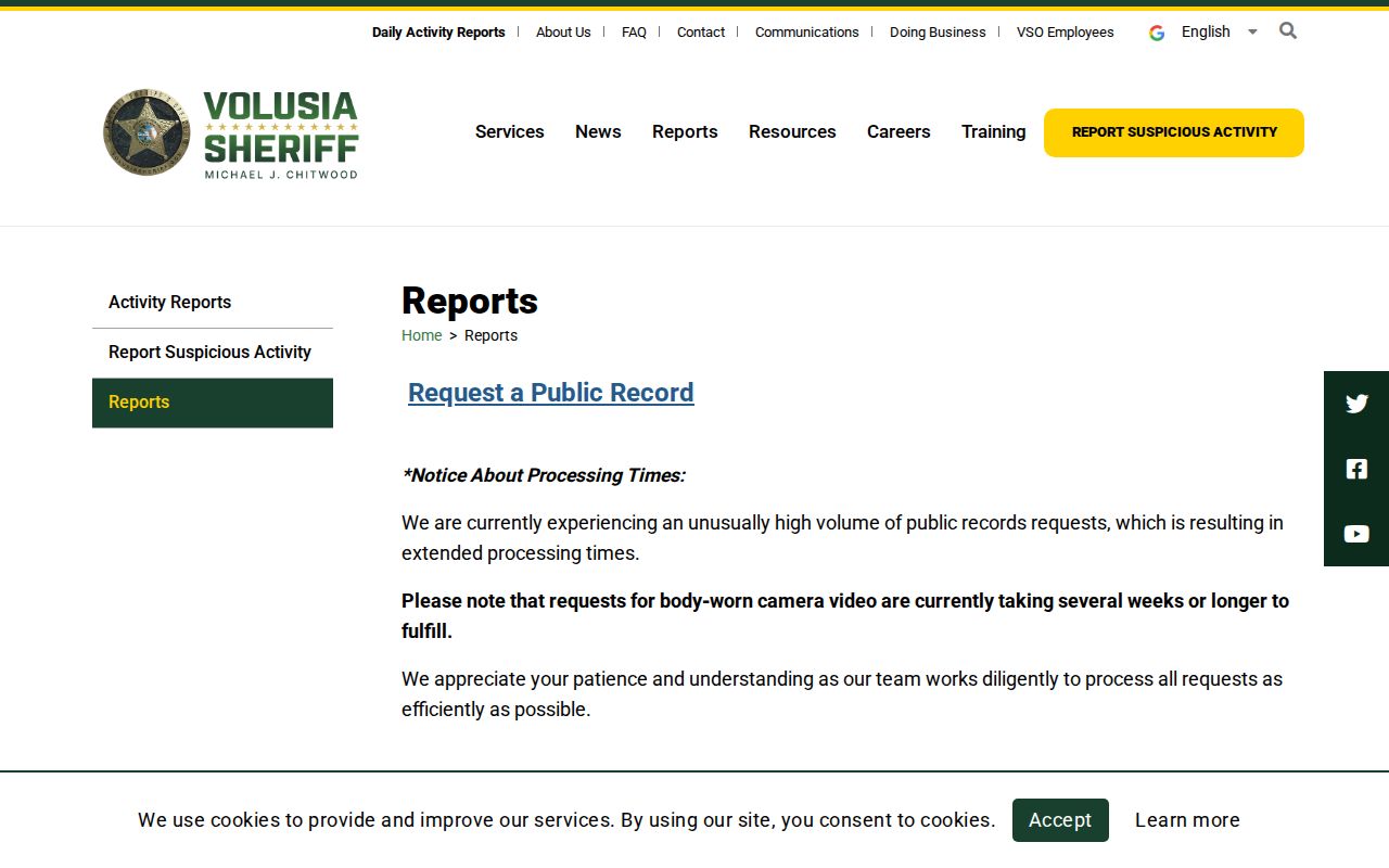 Volusia Sheriff's Office Records Section official page