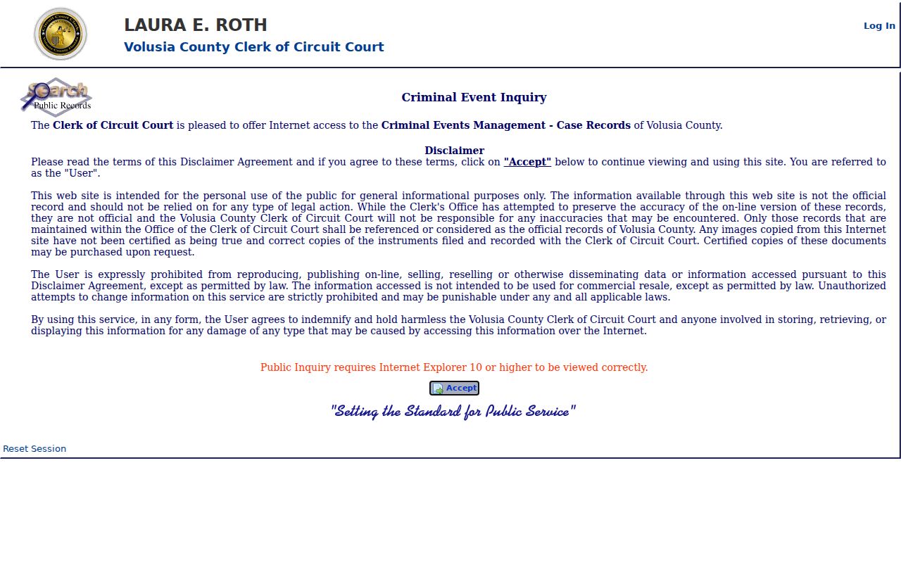 Volusia Clerk Criminal Events Management case search screen