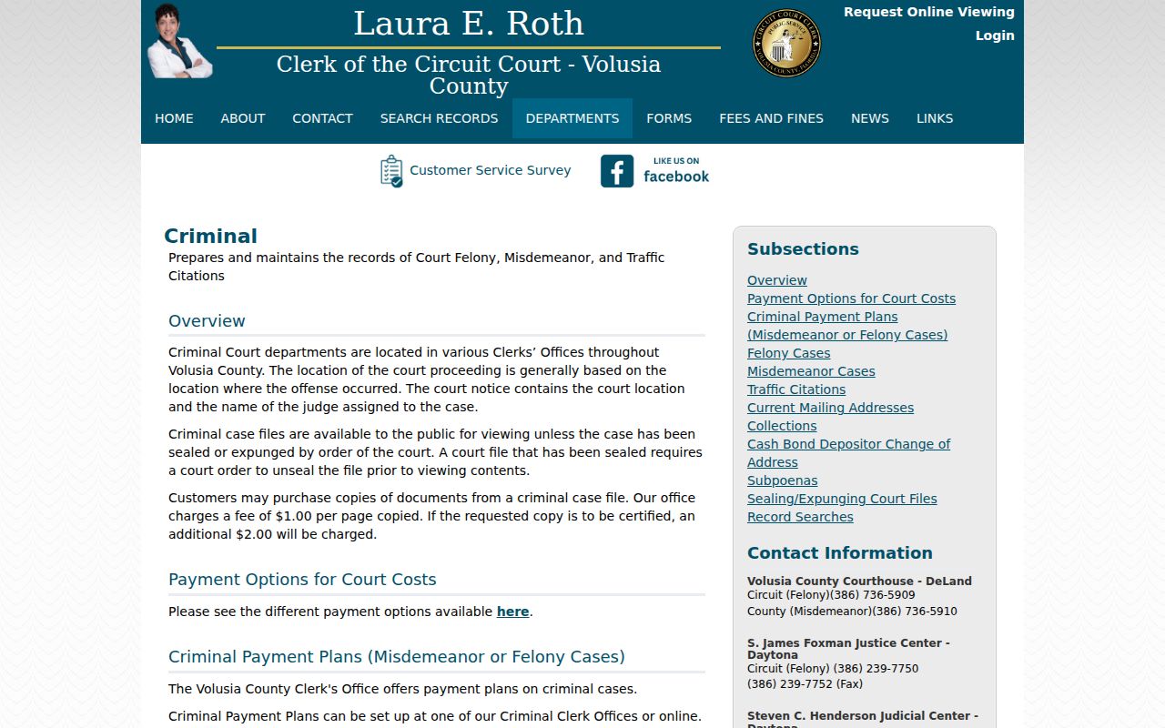 Volusia County criminal history Clerk criminal department page