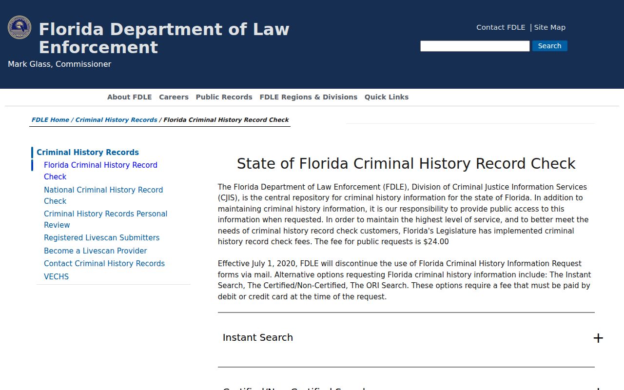 Volusia County criminal history FDLE Florida check options