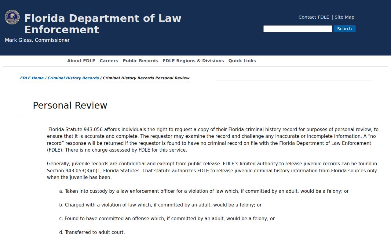 Volusia County criminal history FDLE fingerprint personal review