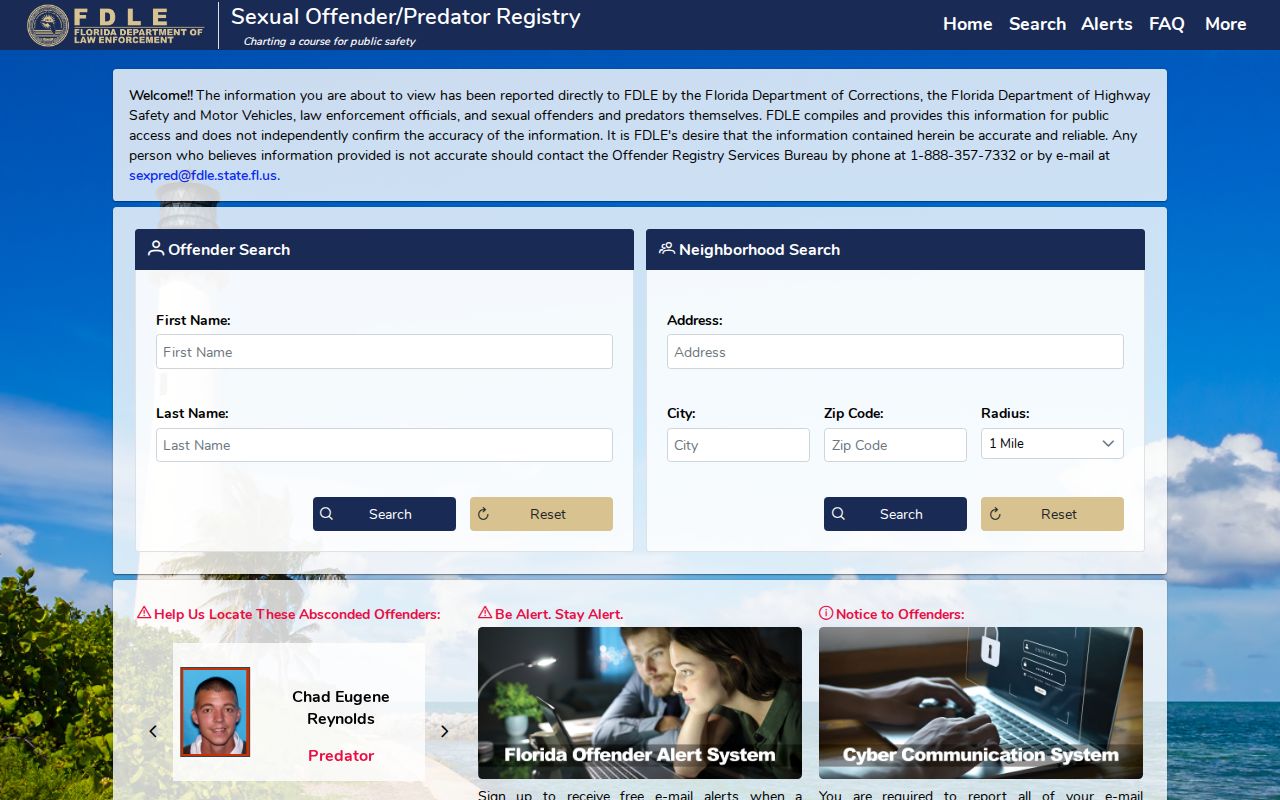 FDLE Florida Sexual Offenders and Predators registry home screen