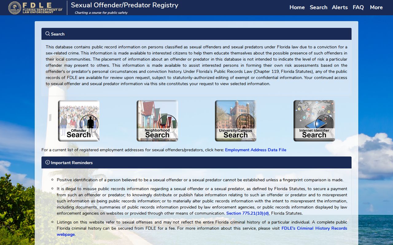 Official FDLE registry name and location search fields for Volusia County
