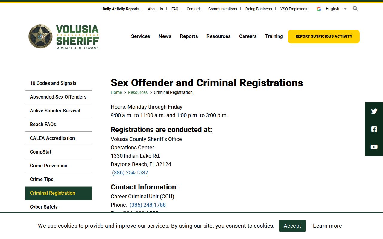 Volusia Sheriff's Office criminal registration information and Operations Center hours